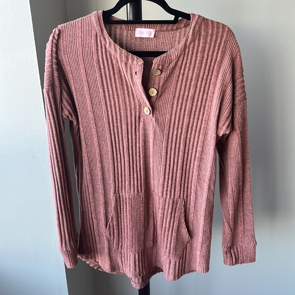 Pink Lily Ribbed Henley Top in Dusty Rose - Picture 1 of 8